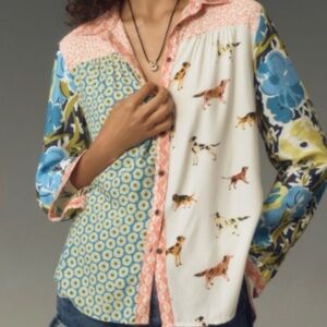 Anthropologie Maeve The Paz Mixed Print Button down Top Dogs